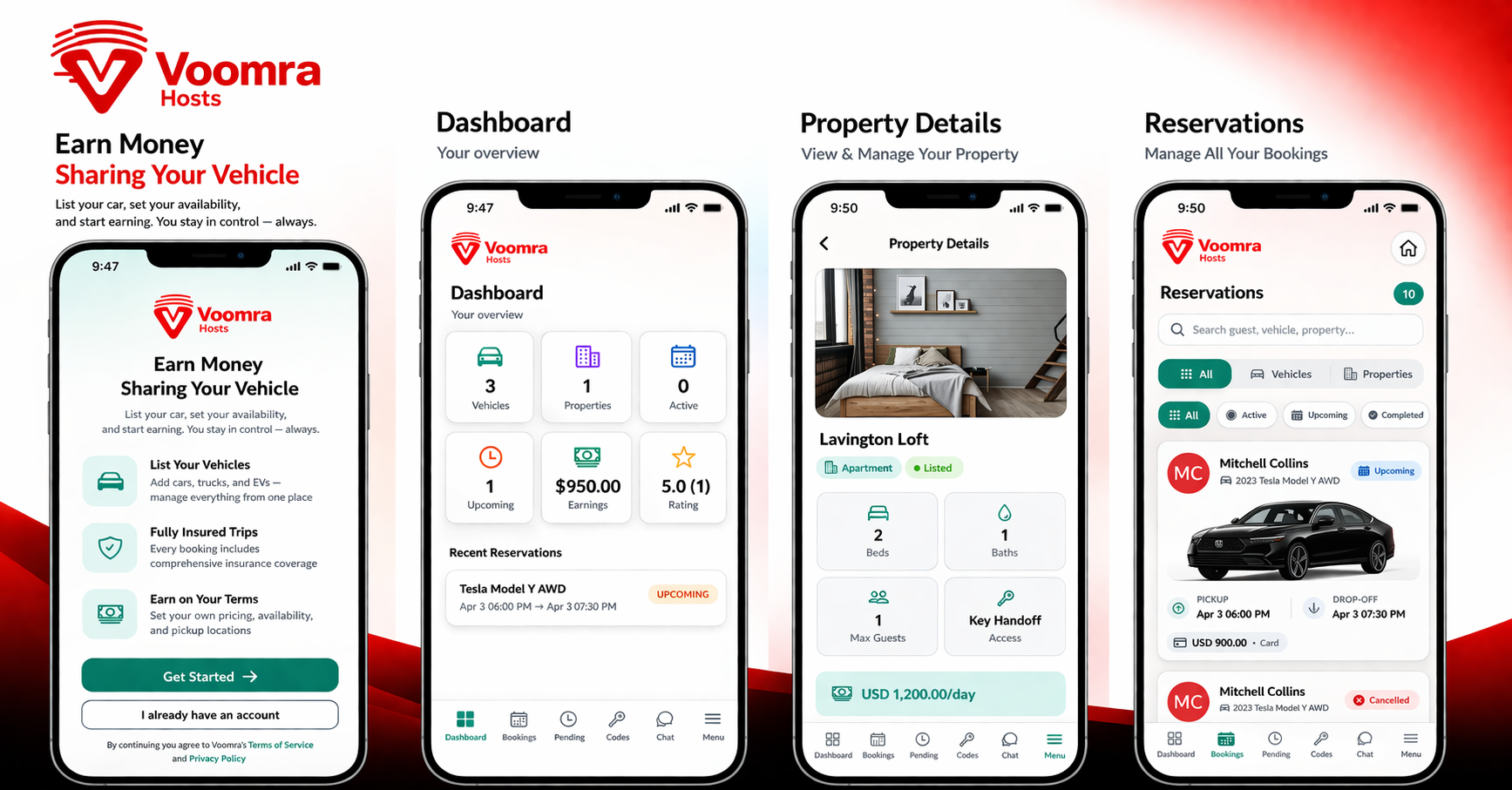 Voomra Host App screenshots showing listing management, earnings, and calendar