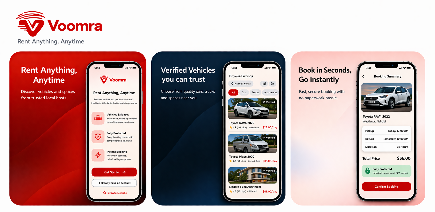 Voomra Customer App screenshots showing vehicle search, booking, and trip management